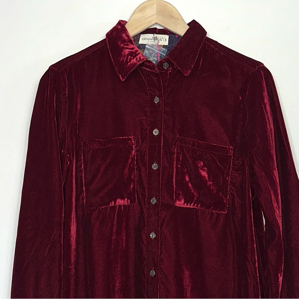 NWT Natural Life Rocky Velvet Button Front Shirt Dress in Cranberry - Picture 4 of 12